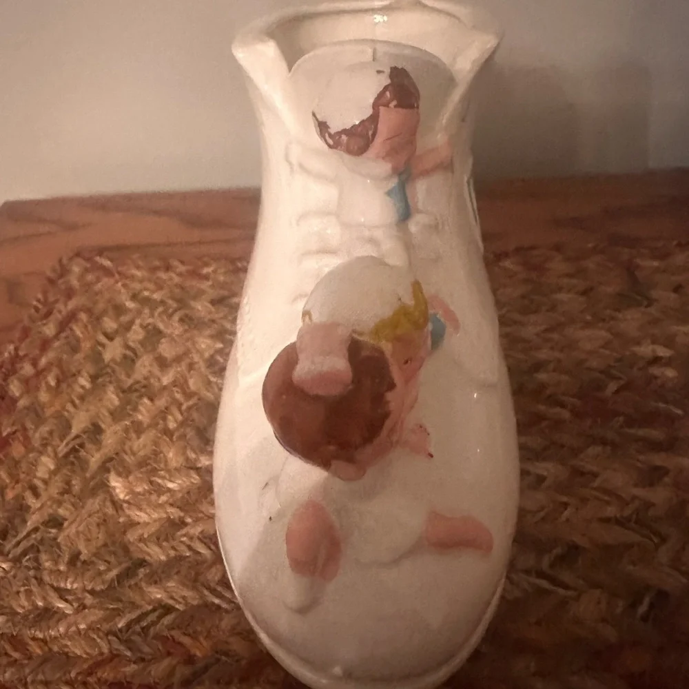 Vintage White Ceramic Baby Shoe with Pink and Blue Accents - Vintage